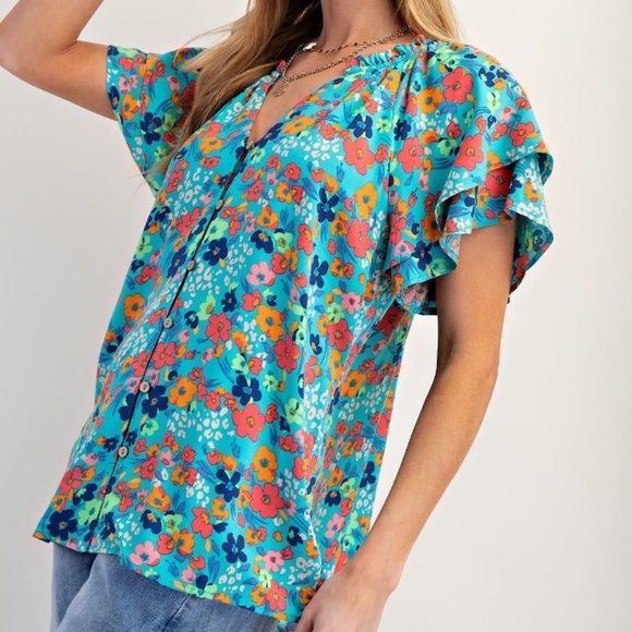 EASEL Tops - NEW EASEL FLORAL PRINT CHALLIS WOVEN TOP BUTTON DOWN SHIRT BLOUSE RAYON